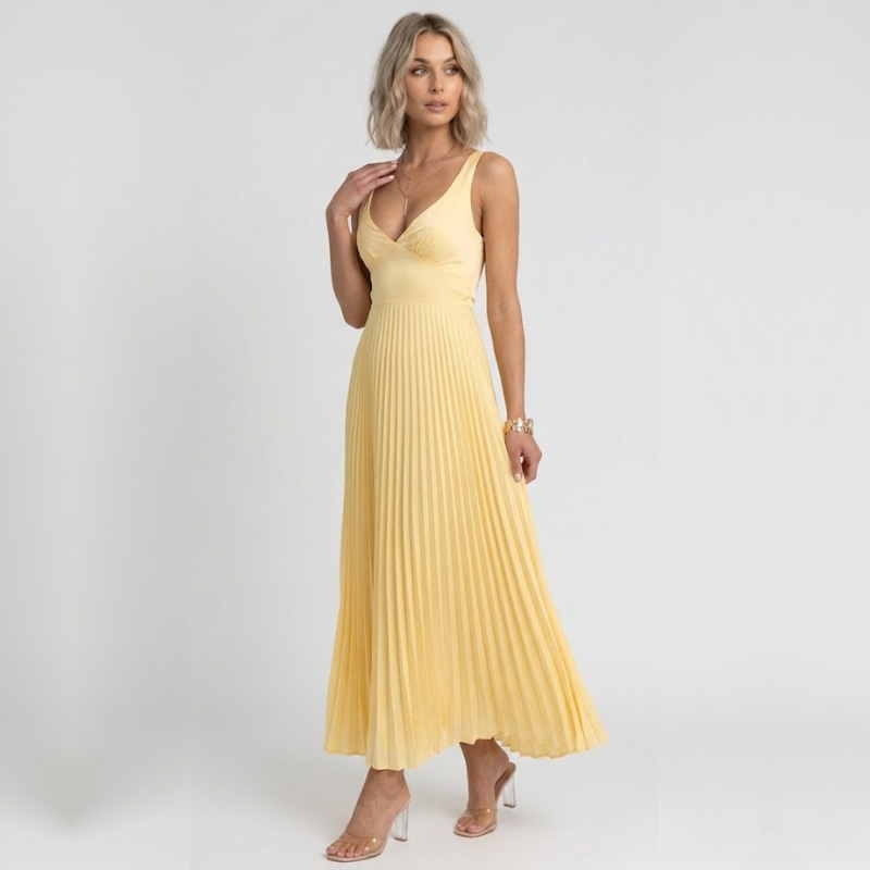 VALERIQUE | Robe Maxi Plissée Jaune pour Femme – Col V et Sans Manches