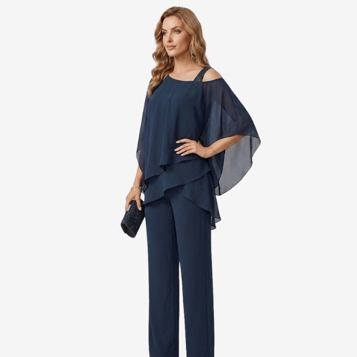 VALERIQUE | Ensemble Deux Pièces en Mousseline pour Femme – Haut Asymétrique et Pantalon Large