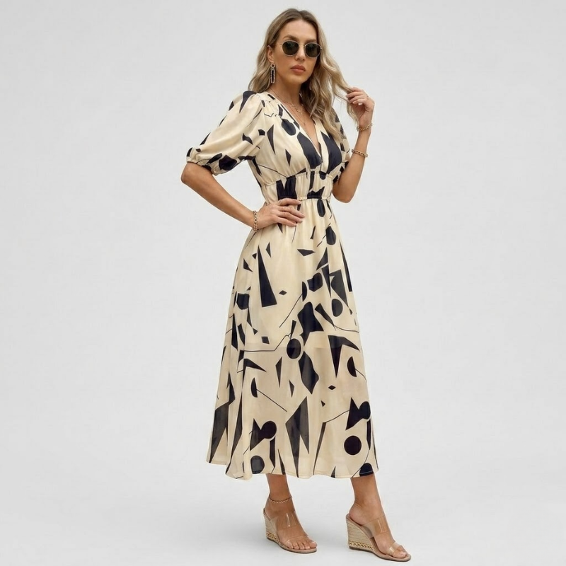 VALERIQUE | Robe Maxi Géométrique pour Femme – Manches Bouffantes