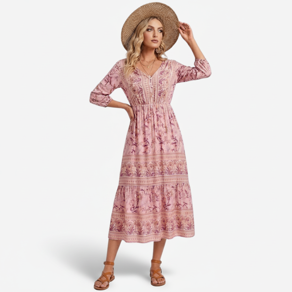 VALERIQUE | Robe Midi à Imprimé Floral pour Femme – Manches 3/4 et Col V