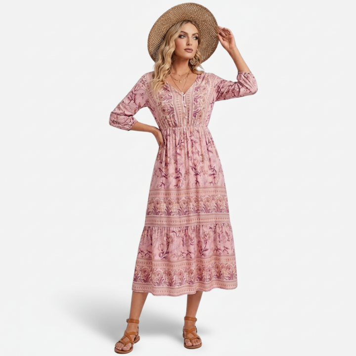 VALERIQUE | Robe Midi à Imprimé Floral pour Femme – Manches 3/4 et Col V