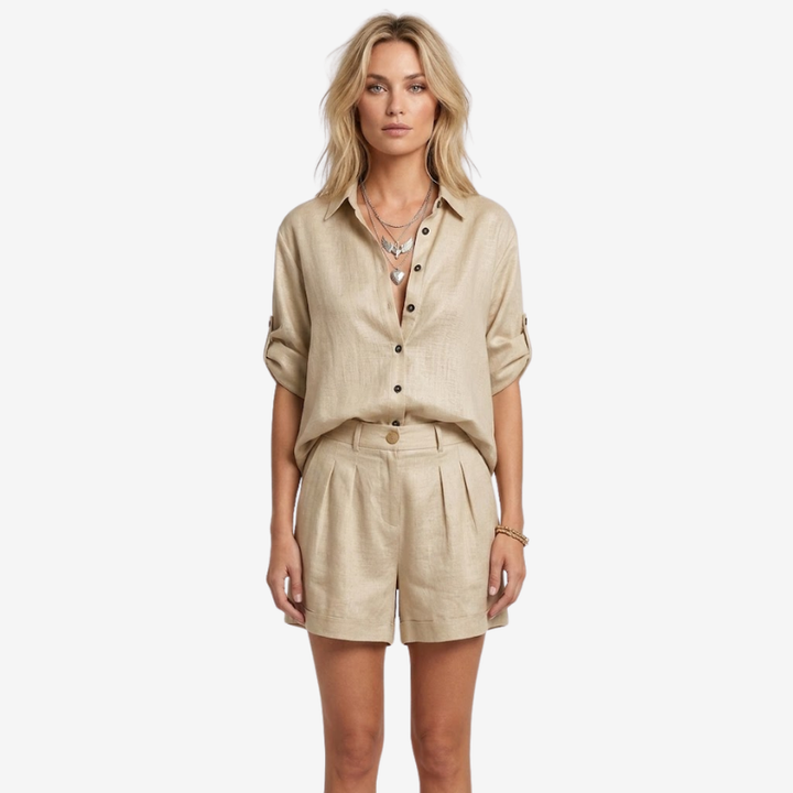 VALERIQUE | Ensemble Deux Pièces en Mélange de Lin pour Femme – Chemise Ample et Short Taille Haute