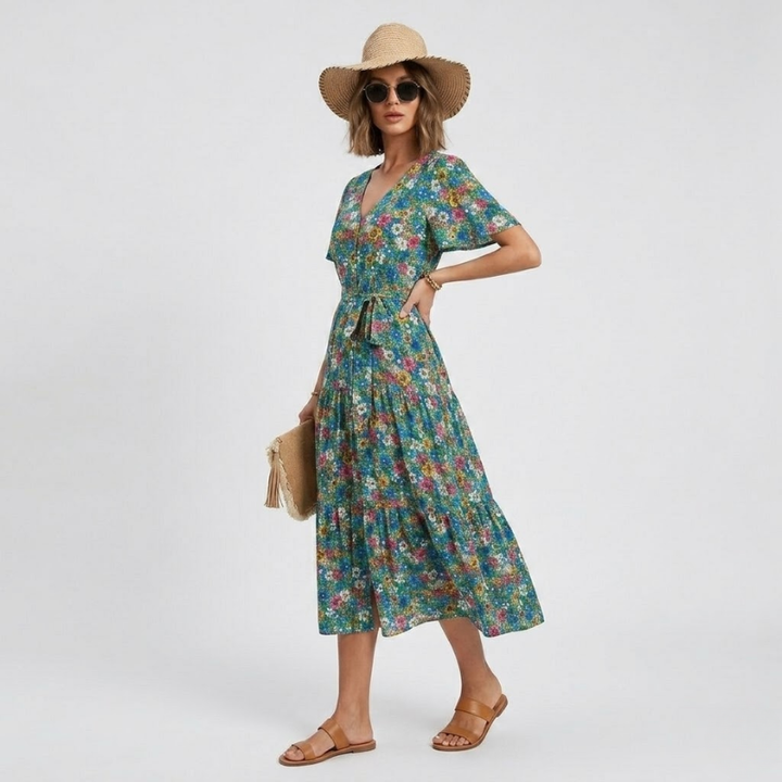VALERIQUE | Robe Midi Fleurie pour Femme – Manches Courtes et Boutonnée