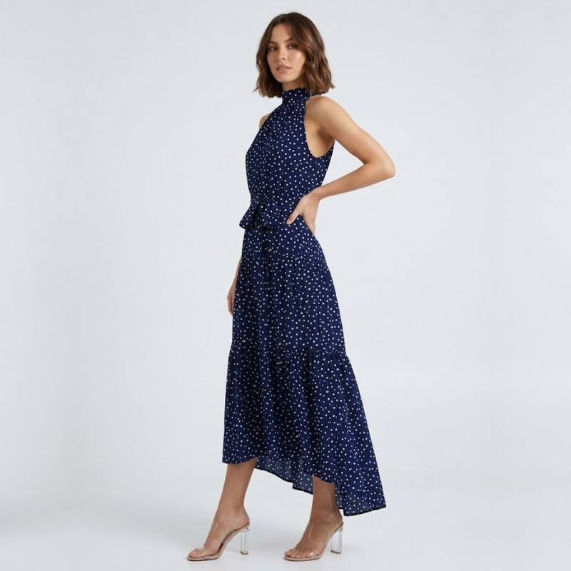VALERIQUE | Robe Longue à Pois en Coton Léger pour Femme – Col Halter et Taille Nouée