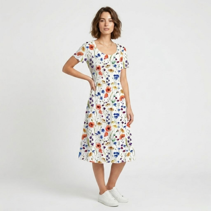 VALERIQUE | Robe Midi Fleurie pour Femme – Manches Courtes