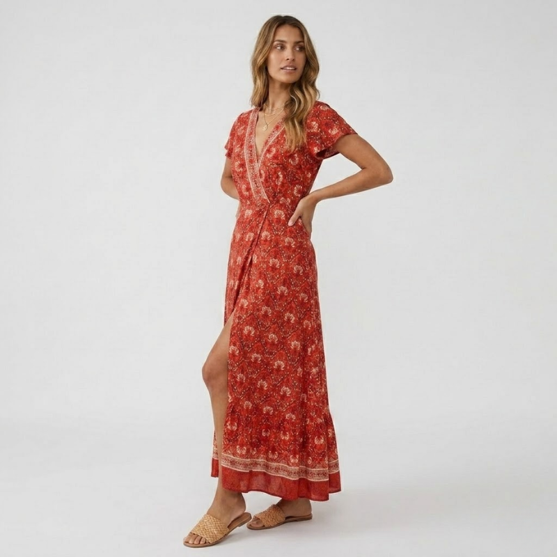 VALERIQUE | Robe Bohème Col V pour Femme – Manches Courtes et Fente
