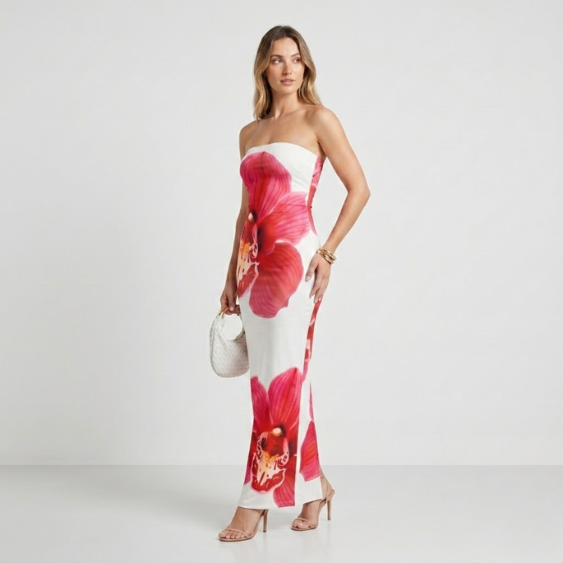 VALERIQUE | Robe Maxi Sans Bretelles Fleurie pour Femme – Coupe Ajustée