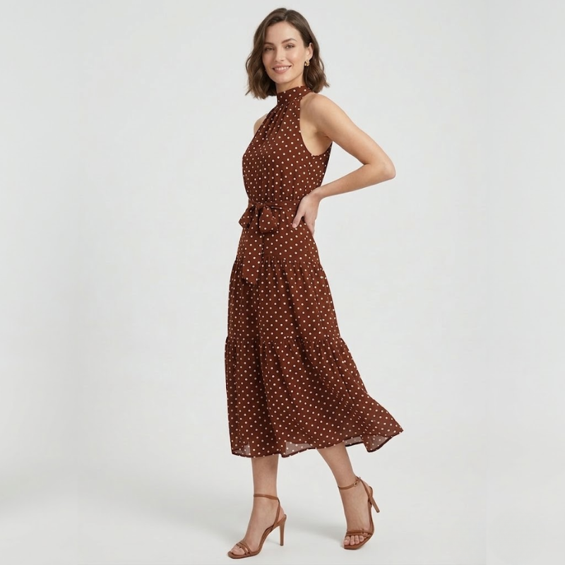 VALERIQUE | Robe Midi à Pois en Coton Léger pour Femme – Col Halter et Taille Ajustable
