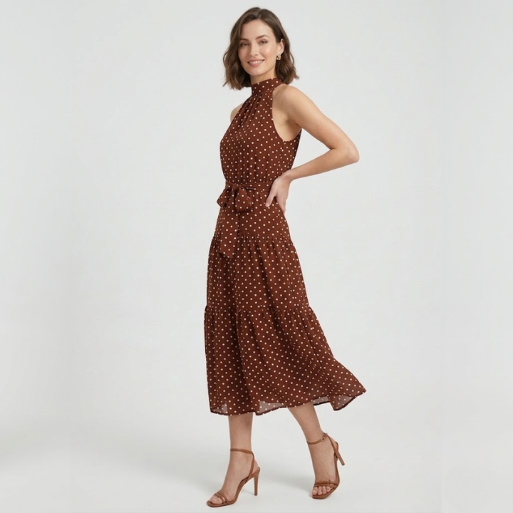VALERIQUE | Robe Midi à Pois en Coton Léger pour Femme – Col Halter et Taille Ajustable