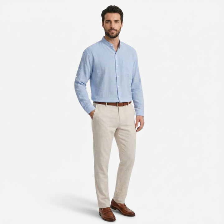 VALERIQUE | Chemise en Lin pour Homme – Manches Longues et Col Officier Coupe Classique