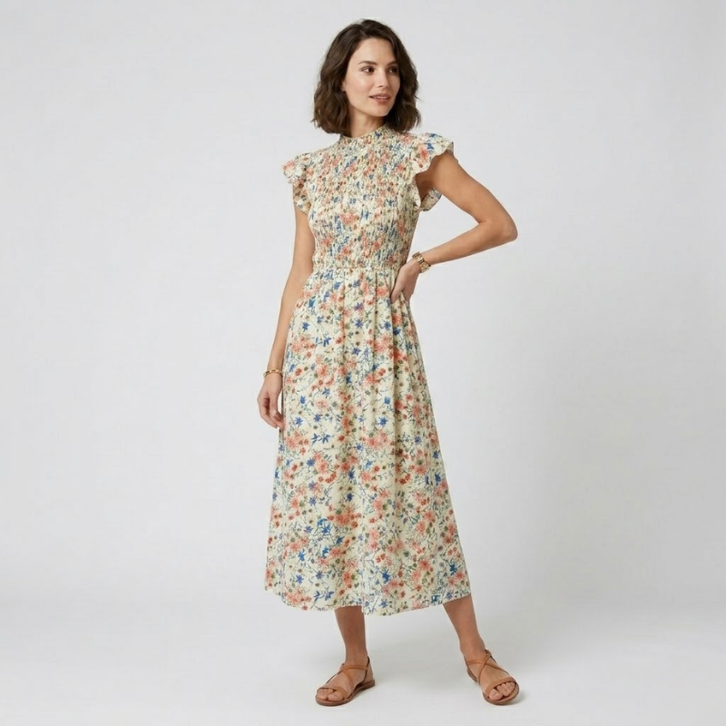 VALERIQUE | Robe Midi Fleurie pour Femme – Taille Smockée