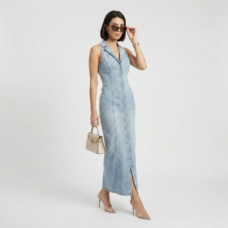 VALERIQUE | Robe Maxi Denim pour Femme – Sans Manches et Boutonnée