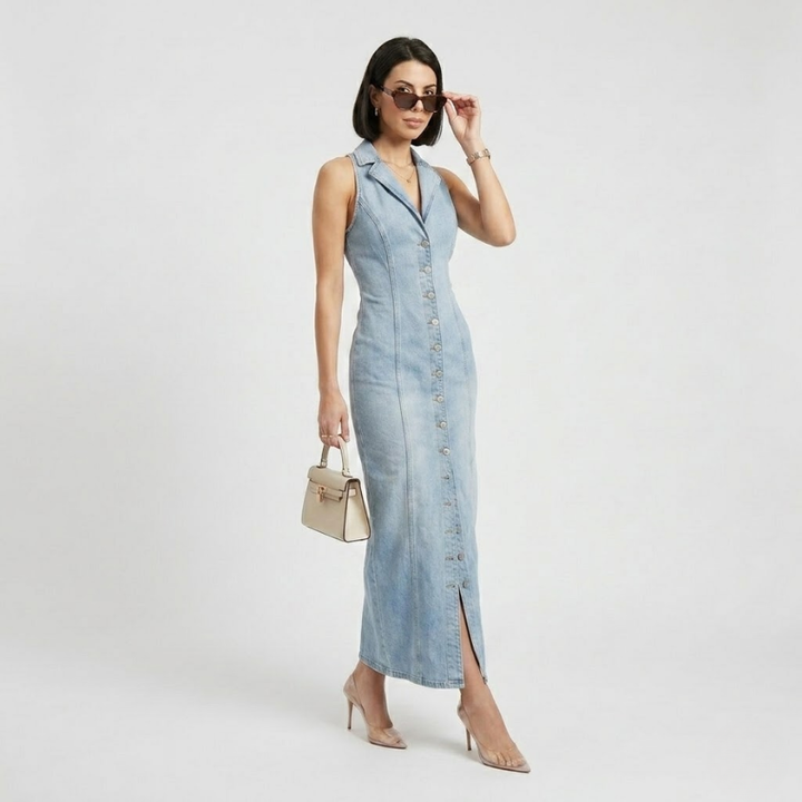 VALERIQUE | Robe Maxi Denim pour Femme – Sans Manches et Boutonnée