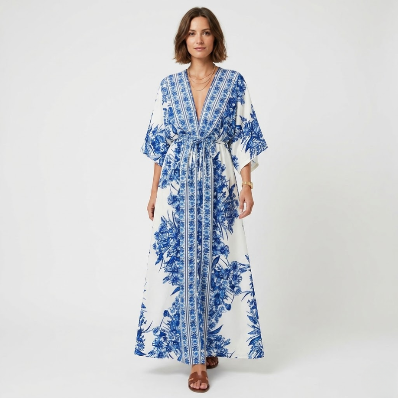 VALERIQUE | Robe Maxi Fleurie Bleue pour Femme – Manches Kimono