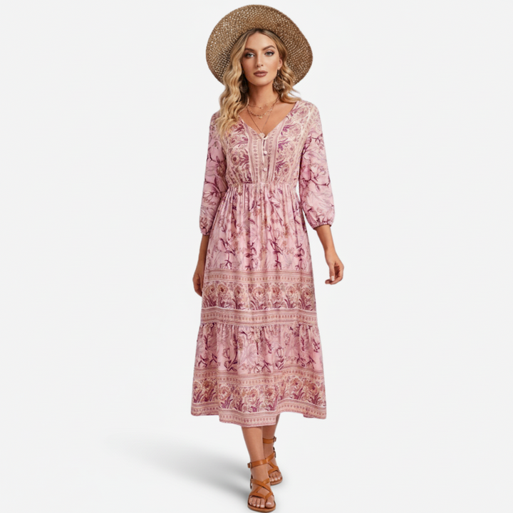 VALERIQUE | Robe Midi à Imprimé Floral pour Femme – Manches 3/4 et Col V