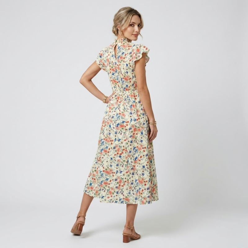 VALERIQUE | Robe Midi Fleurie pour Femme – Taille Smockée