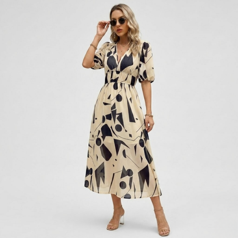 VALERIQUE | Robe Maxi Géométrique pour Femme – Manches Bouffantes