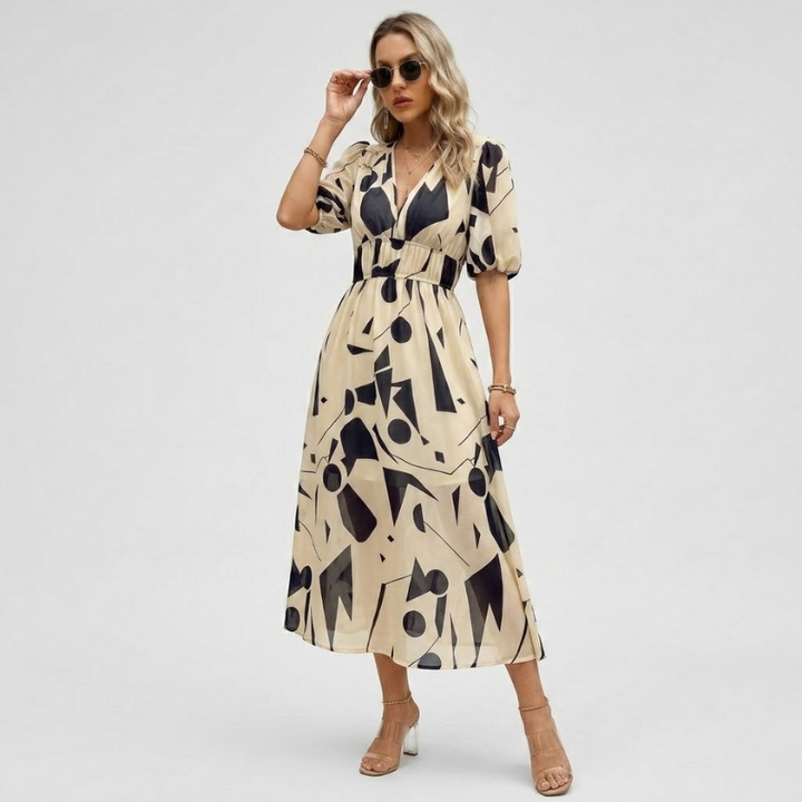 VALERIQUE | Robe Maxi Géométrique pour Femme – Manches Bouffantes