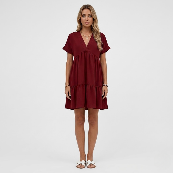 VALERIQUE | Robe Ample Col V pour Femme – Manches Courtes et Froncée