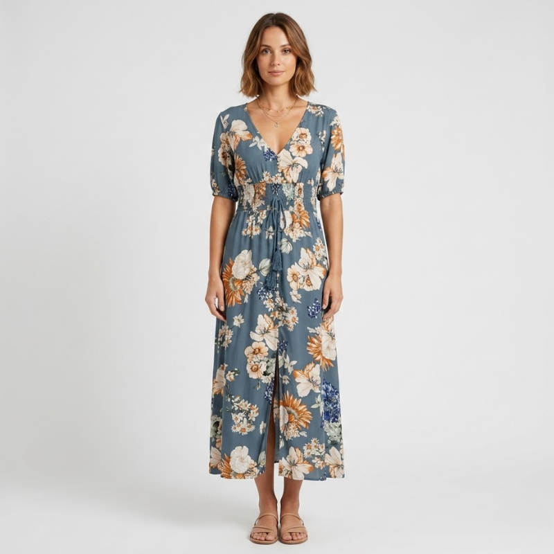 VALERIQUE | Robe Maxi Fleurie pour Femme – Col V