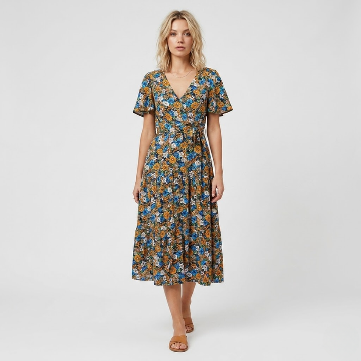 VALERIQUE | Robe Midi Fleurie pour Femme – Manches Courtes et Boutonnée