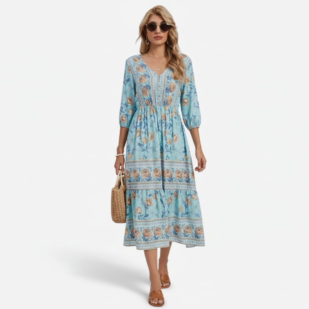 VALERIQUE | Robe Midi à Imprimé Floral pour Femme – Manches 3/4 et Col V