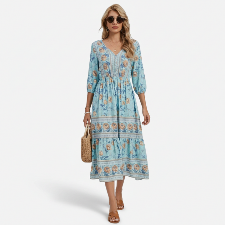 VALERIQUE | Robe Midi à Imprimé Floral pour Femme – Manches 3/4 et Col V