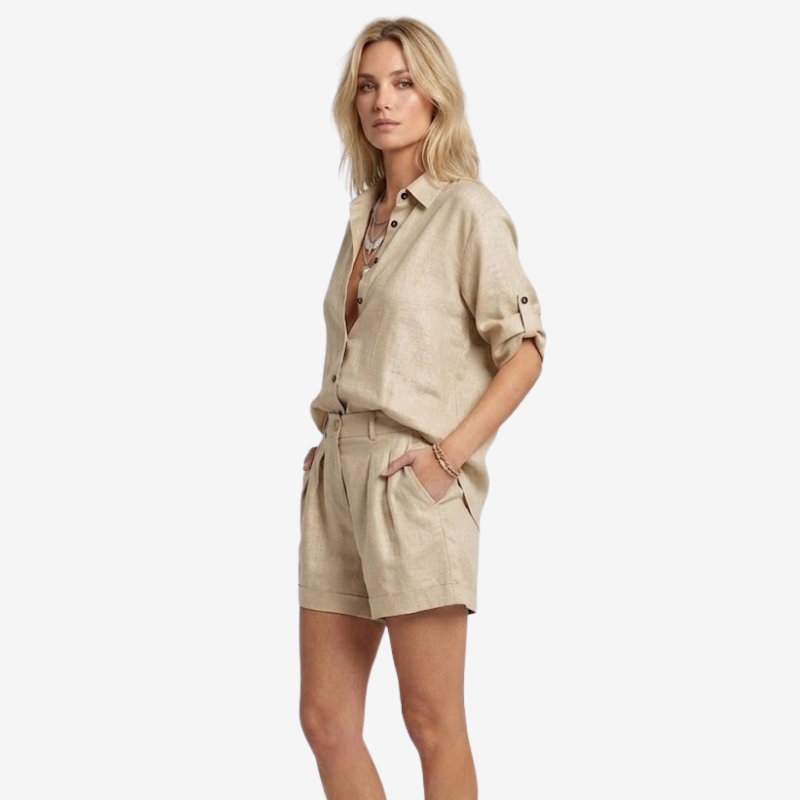 VALERIQUE | Ensemble Deux Pièces en Mélange de Lin pour Femme – Chemise Ample et Short Taille Haute