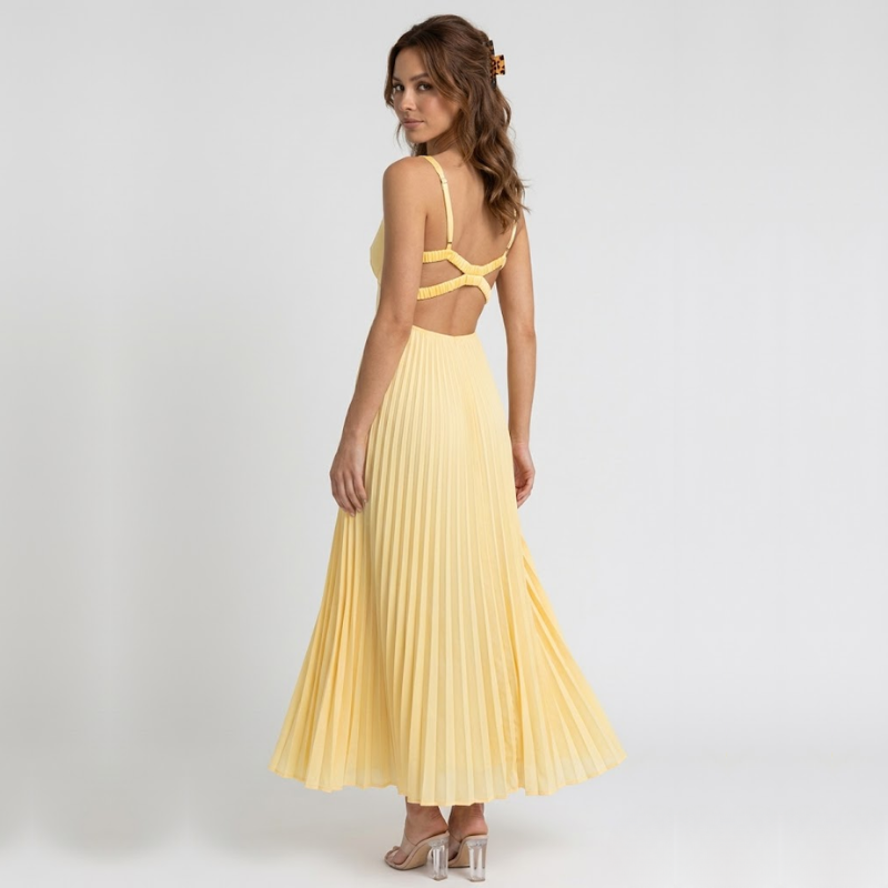 VALERIQUE | Robe Maxi Plissée Jaune pour Femme – Col V et Sans Manches
