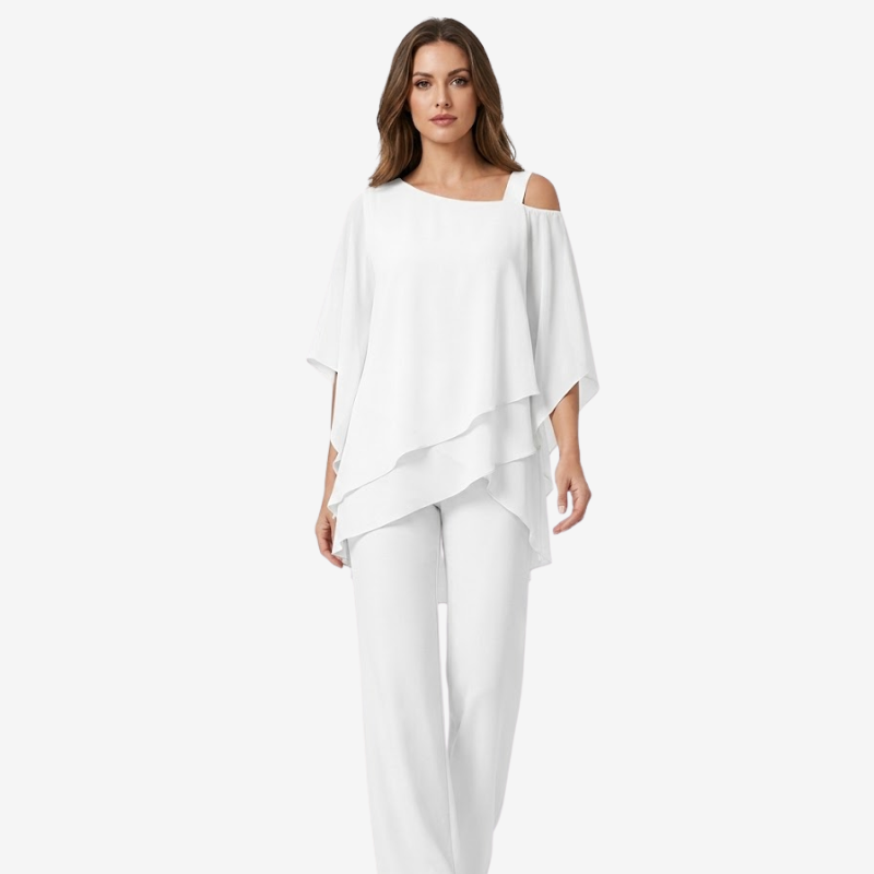 VALERIQUE | Ensemble Deux Pièces en Mousseline pour Femme – Haut Asymétrique et Pantalon Large