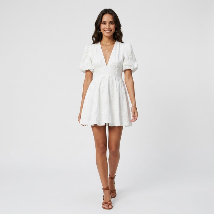VALERIQUE | Robe Courte pour Femme – Manches Bouffantes et Col V