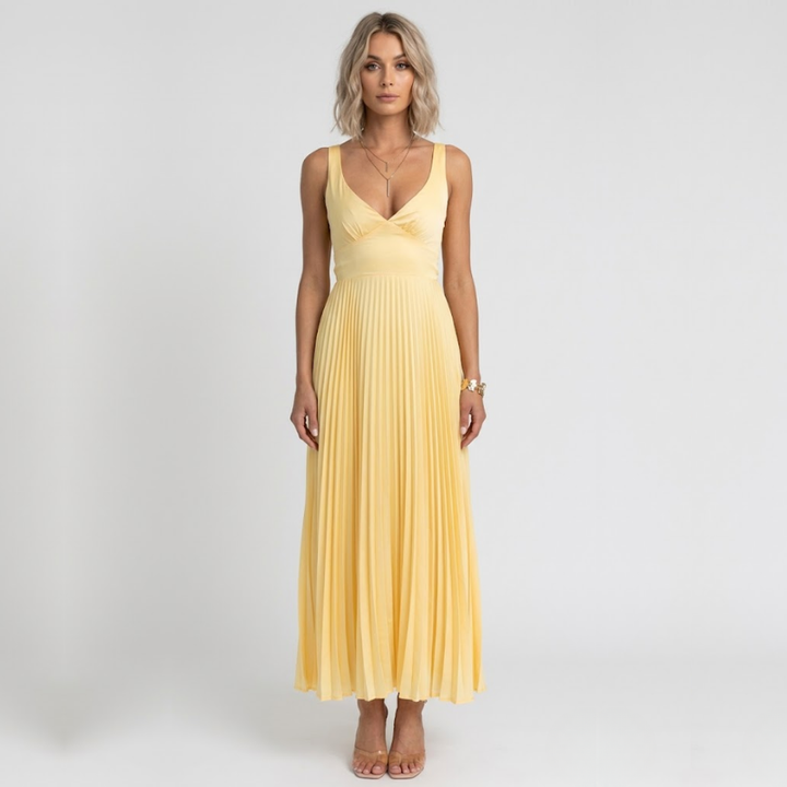 VALERIQUE | Robe Maxi Plissée Jaune pour Femme – Col V et Sans Manches