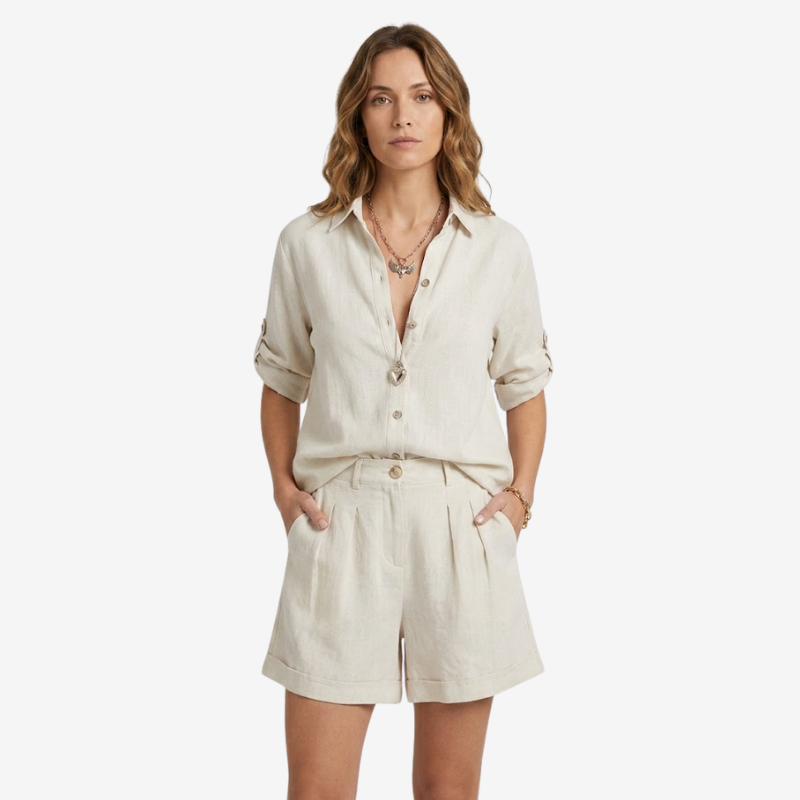 VALERIQUE | Ensemble Deux Pièces en Mélange de Lin pour Femme – Chemise Ample et Short Taille Haute
