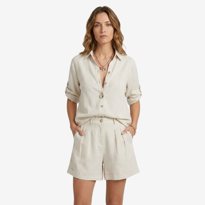 VALERIQUE | Ensemble Deux Pièces en Mélange de Lin pour Femme – Chemise Ample et Short Taille Haute