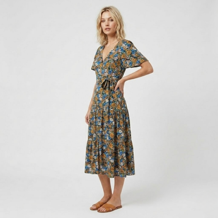VALERIQUE | Robe Midi Fleurie pour Femme – Manches Courtes et Boutonnée