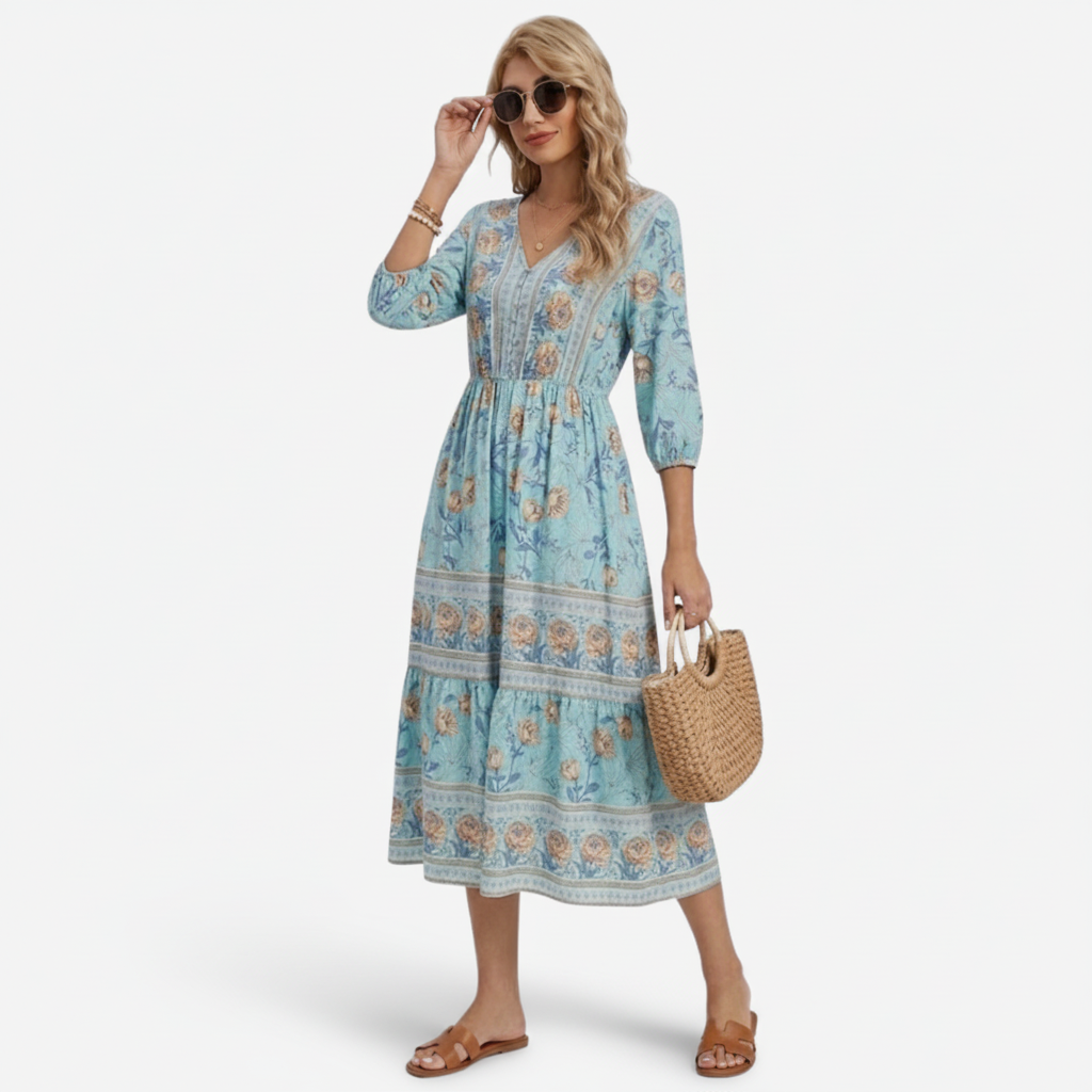 VALERIQUE | Robe Midi à Imprimé Floral pour Femme – Manches 3/4 et Col V