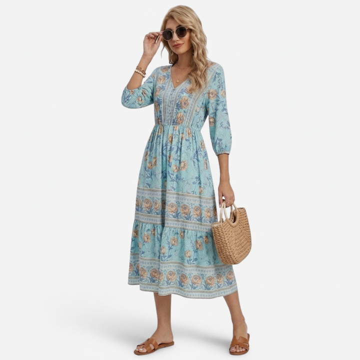VALERIQUE | Robe Midi à Imprimé Floral pour Femme – Manches 3/4 et Col V