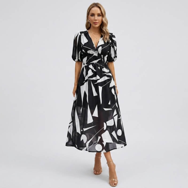 VALERIQUE | Robe Maxi Géométrique pour Femme – Manches Bouffantes