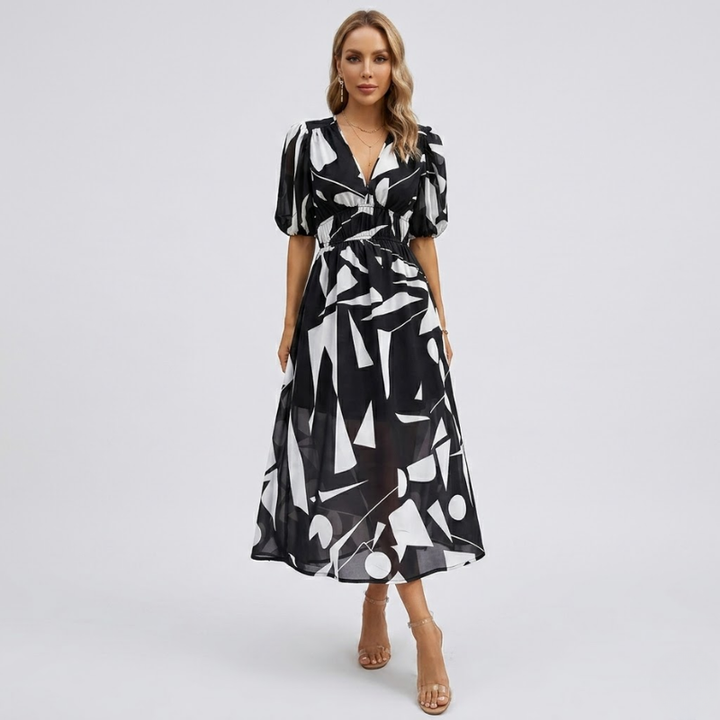 VALERIQUE | Robe Maxi Géométrique pour Femme – Manches Bouffantes