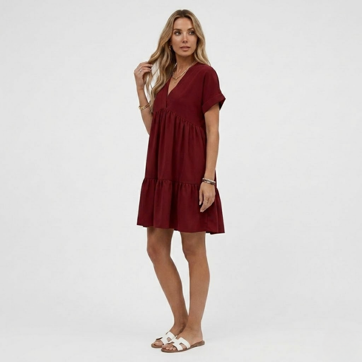 VALERIQUE | Robe Ample Col V pour Femme – Manches Courtes et Froncée