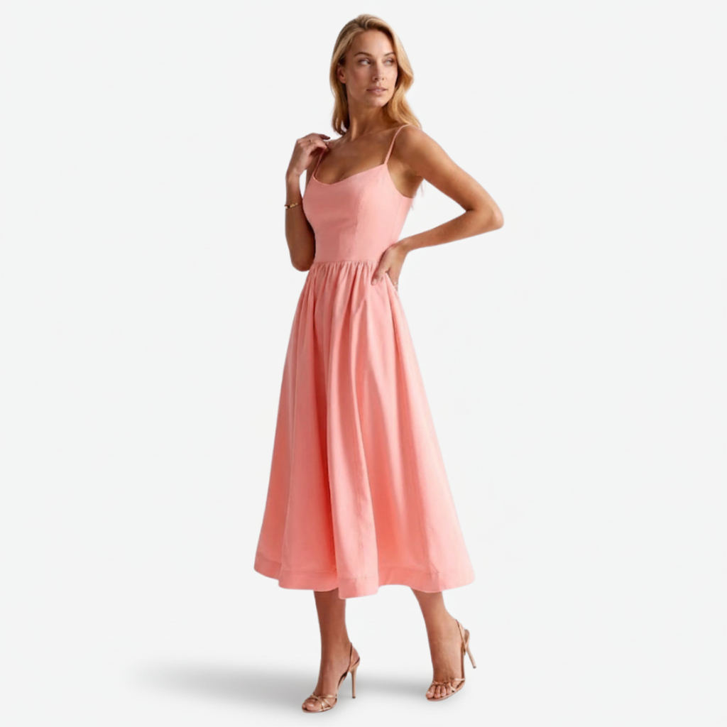 VALERIQUE | Robe Midi Sans Manches pour Femme – Bretelles Fines et Taille Ajustée