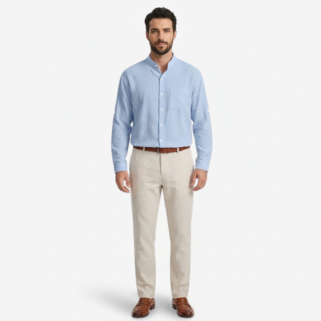 VALERIQUE | Chemise en Lin pour Homme – Manches Longues et Col Officier Coupe Classique