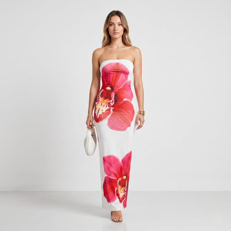 VALERIQUE | Robe Maxi Sans Bretelles Fleurie pour Femme – Coupe Ajustée