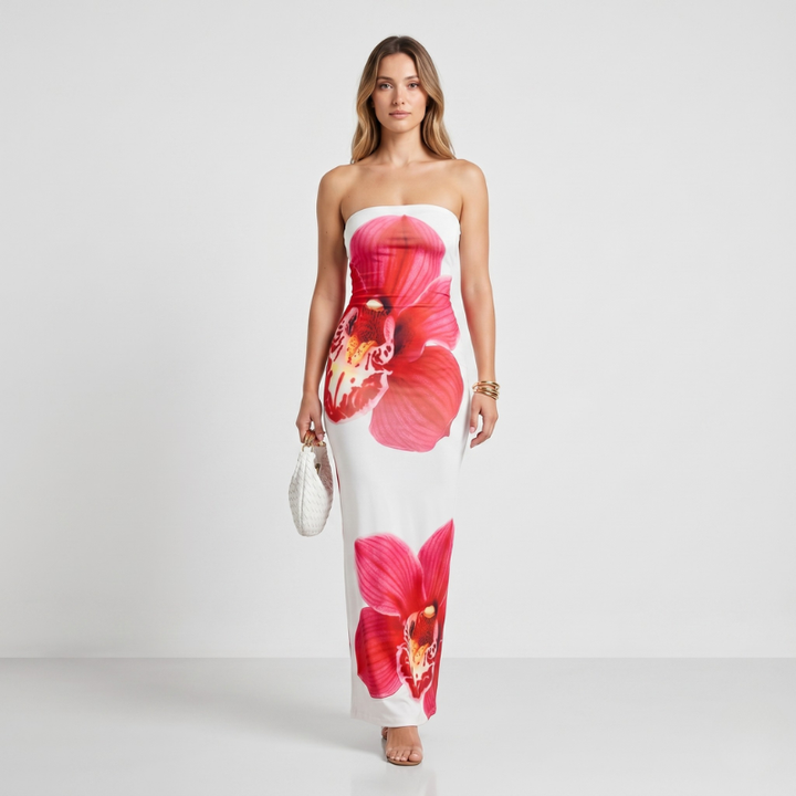 VALERIQUE | Robe Maxi Sans Bretelles Fleurie pour Femme – Coupe Ajustée
