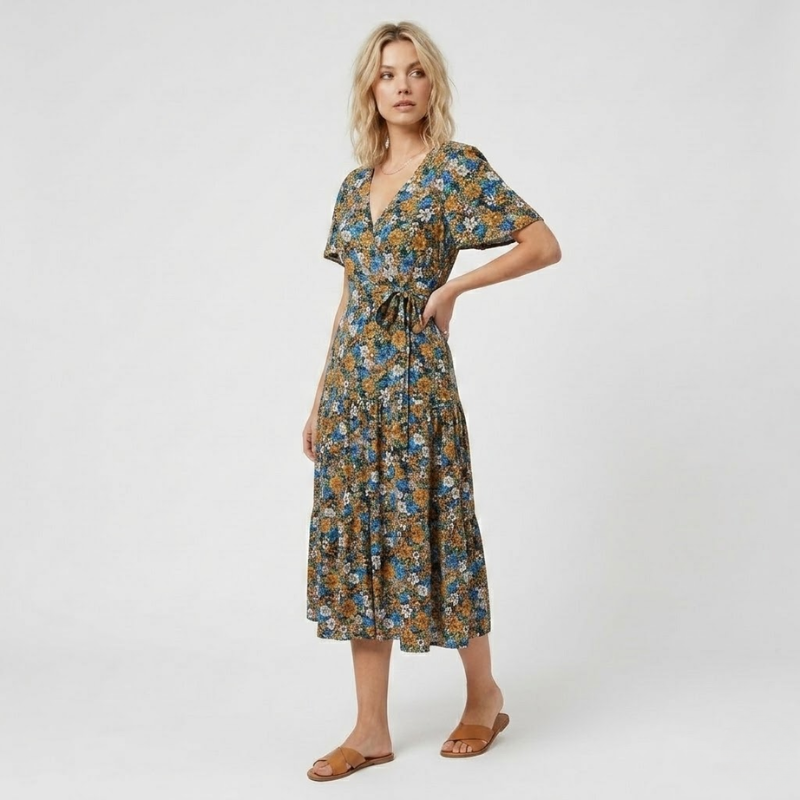 VALERIQUE | Robe Midi Fleurie pour Femme – Manches Courtes et Boutonnée