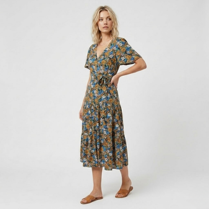 VALERIQUE | Robe Midi Fleurie pour Femme – Manches Courtes et Boutonnée