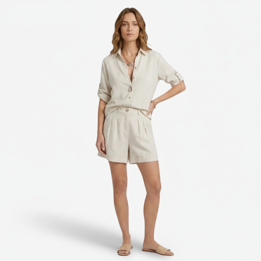 VALERIQUE | Ensemble Deux Pièces en Mélange de Lin pour Femme – Chemise Ample et Short Taille Haute