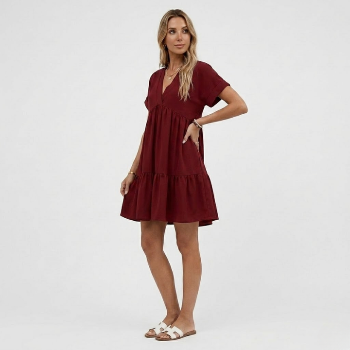 VALERIQUE | Robe Ample Col V pour Femme – Manches Courtes et Froncée