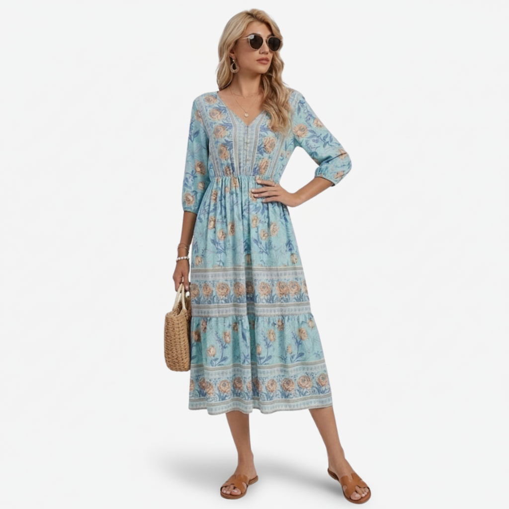 VALERIQUE | Robe Midi à Imprimé Floral pour Femme – Manches 3/4 et Col V