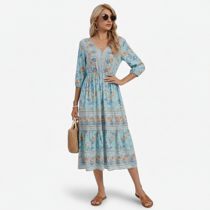 VALERIQUE | Robe Midi à Imprimé Floral pour Femme – Manches 3/4 et Col V